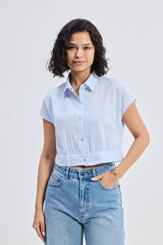 Oversized Crop Shirt in Classic Stripes